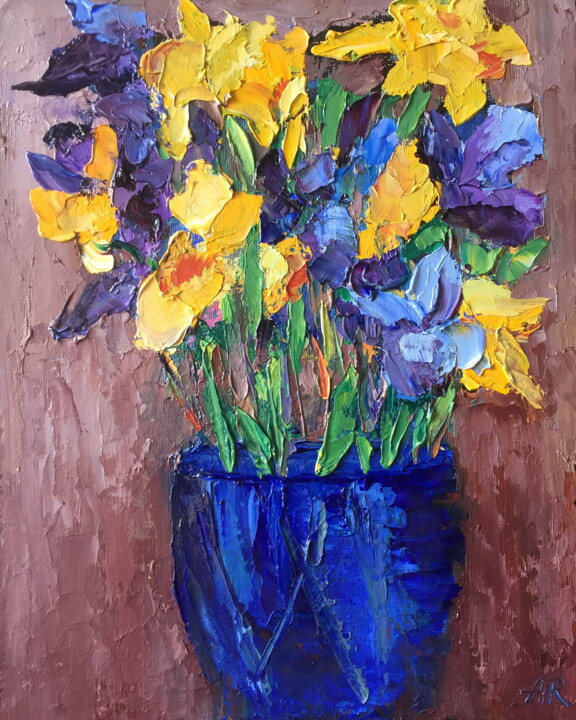 Painting titled "Blue and Yellow Iri…" by Lena Ru, Original Artwork, Oil