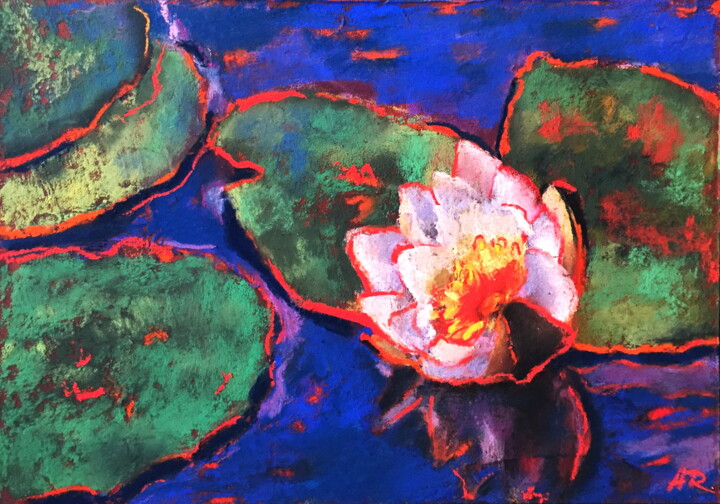 Drawing titled "White Pond-Lily" by Lena Ru, Original Artwork, Pastel