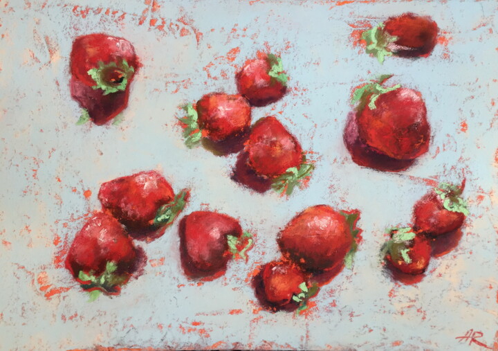 Drawing titled "Strawberries on blue" by Lena Ru, Original Artwork, Pastel
