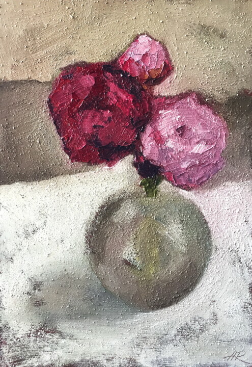 Painting titled "Peonies In Vase Flo…" by Lena Ru, Original Artwork, Oil