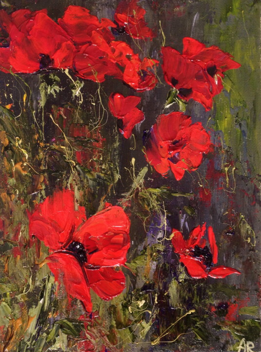 Painting titled "Red poppies" by Lena Ru, Original Artwork