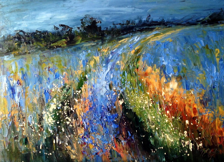 Painting titled "Blue field" by Lena Ru, Original Artwork
