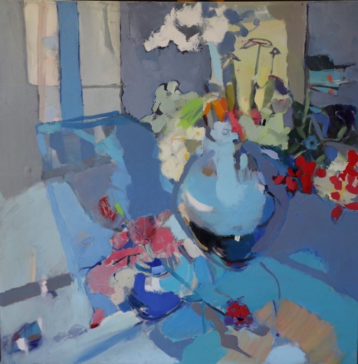 Ζωγραφική με τίτλο "Still Life Blue Air" από Еlena Shraibman, Αυθεντικά έργα τέχνης, Λάδι Τοποθετήθηκε στο Ξύλινο φορείο σκε…