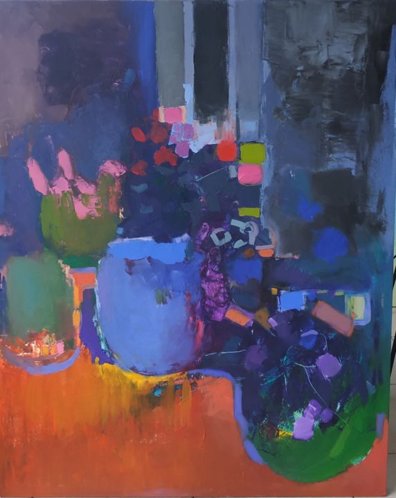 Картина под названием "Still Life with Blu…" - Еlena Shraibman, Подлинное произведение искусства, Масло Установлен на Деревя…