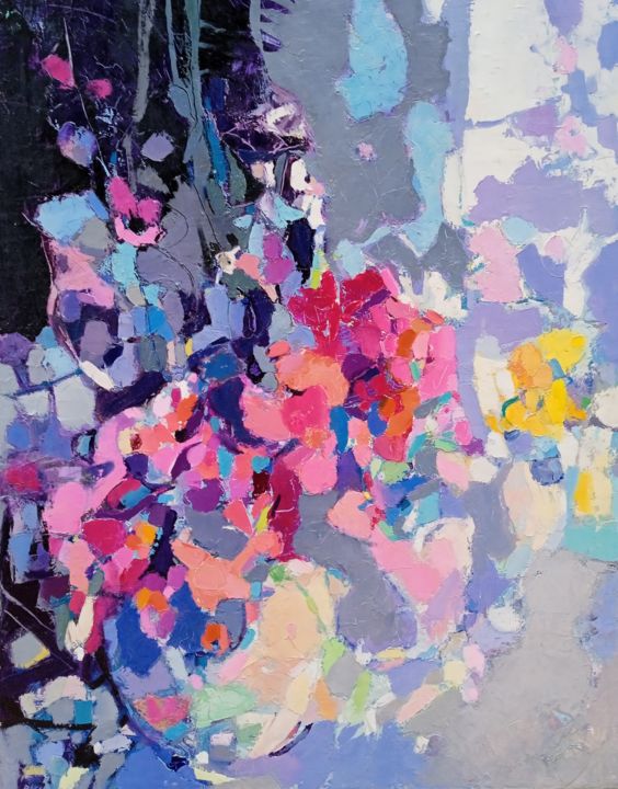 Картина под названием "Flowers on Black Ba…" - Еlena Shraibman, Подлинное произведение искусства, Масло Установлен на Подрам…
