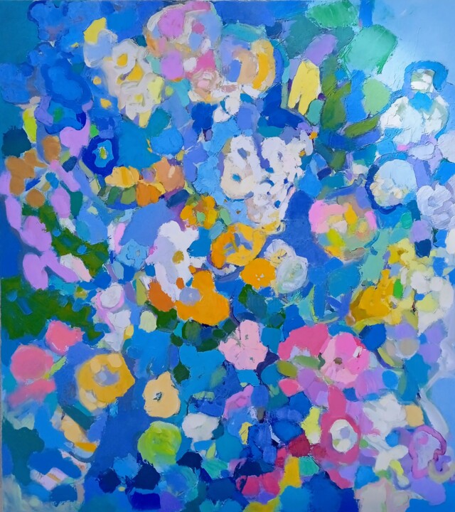 Painting titled "Blue Floral" by Еlena Shraibman, Original Artwork, Oil Mounted on Wood Stretcher frame