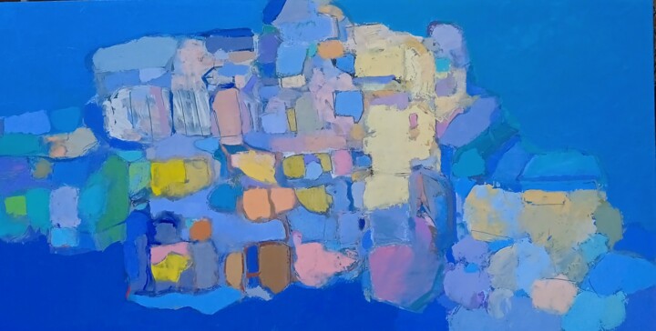 Painting titled "Mediterranean Island" by Elena Shraibman, Original Artwork, Oil Mounted on Wood Stretcher frame