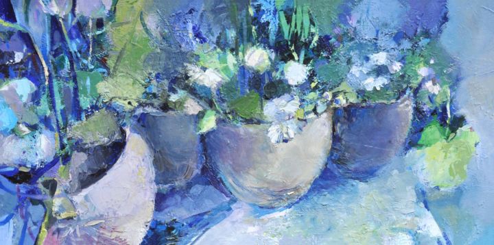 Pittura intitolato "evening-flowers-oil…" da Elena Shraibman, Opera d'arte originale