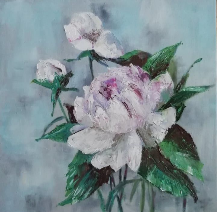 Painting titled "Peonies" by Elena Soloveva, Original Artwork, Oil Mounted on Wood Stretcher frame
