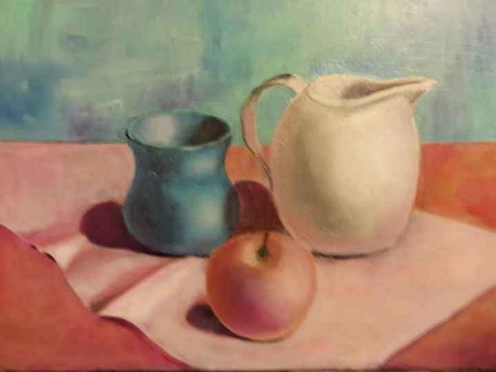 Painting titled "Still life in rose" by Elena Soloveva, Original Artwork, Oil Mounted on Wood Stretcher frame
