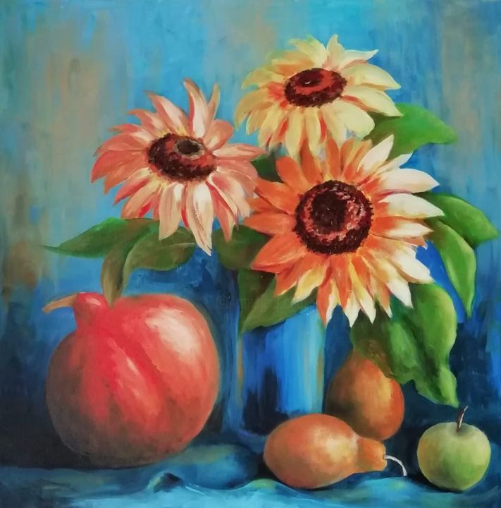 Painting titled "Pumpkin and Sunflow…" by Elena Soloveva, Original Artwork, Oil