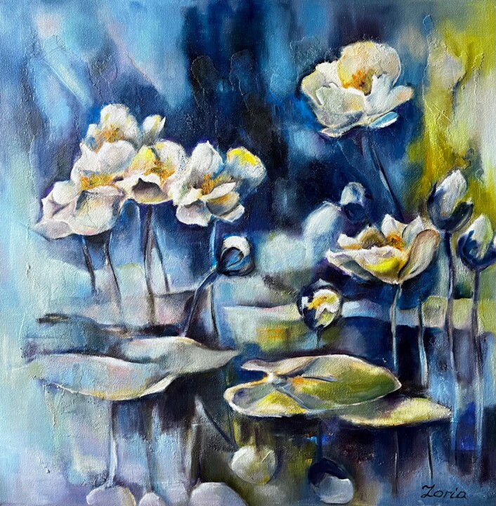 Painting titled "WATER LILIES" by Lena Zoria, Original Artwork, Oil Mounted on Wood Stretcher frame
