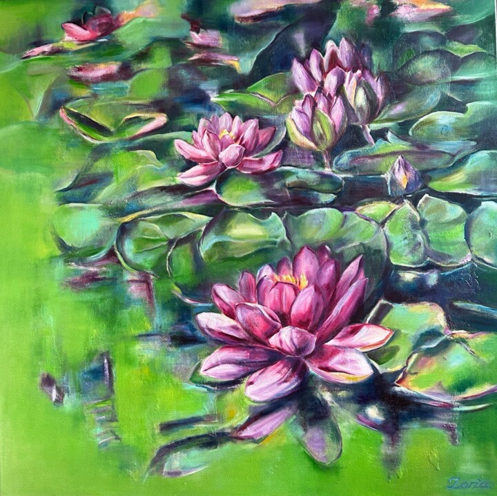 Painting titled "WATER LILIES II" by Lena Zoria, Original Artwork, Oil Mounted on Wood Stretcher frame