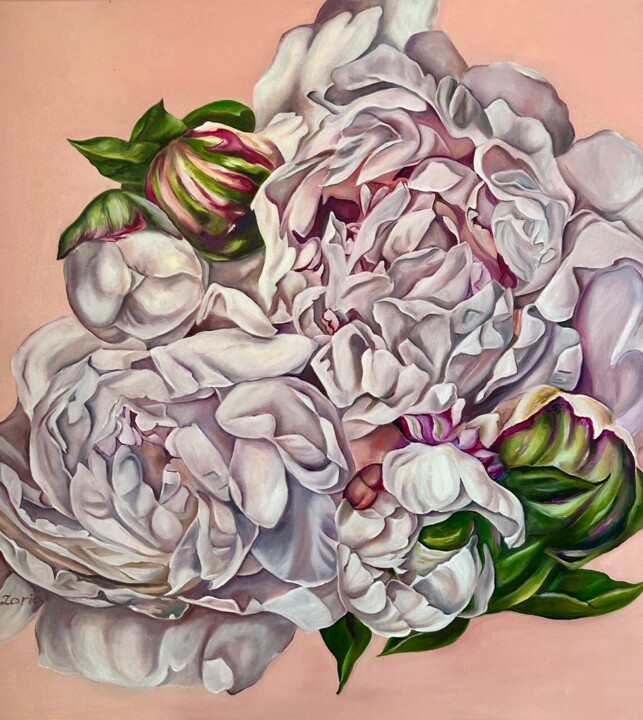 Painting titled "PEONIES II" by Lena Zoria, Original Artwork, Oil Mounted on Wood Stretcher frame