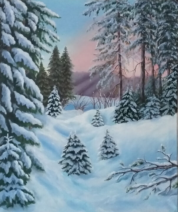Schilderij getiteld "Winter landscape" door Elena Makhonina, Origineel Kunstwerk, Olie Gemonteerd op Frame voor houten branc…