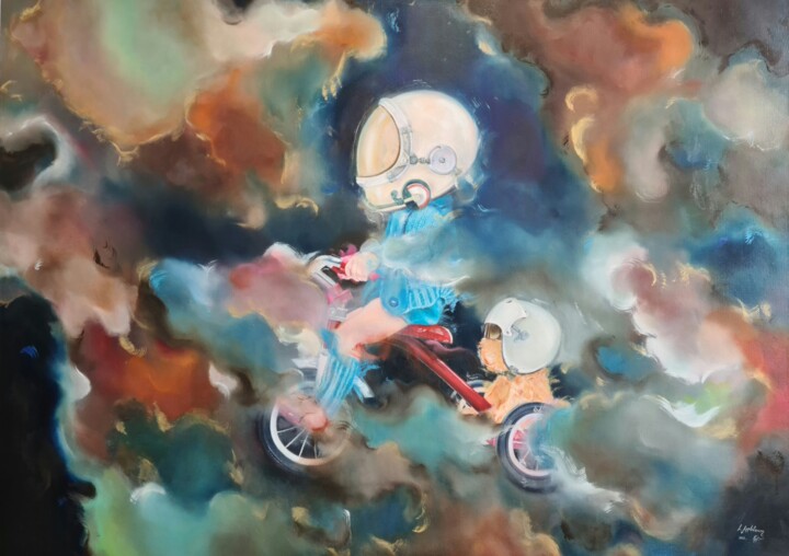 Painting titled "Space Travelers" by Lena Applebaum, Original Artwork, Oil