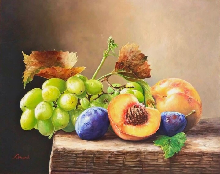 Картина под названием "Still Life, Peaches…" - Lenard Kocsis, Подлинное произведение искусства, Масло