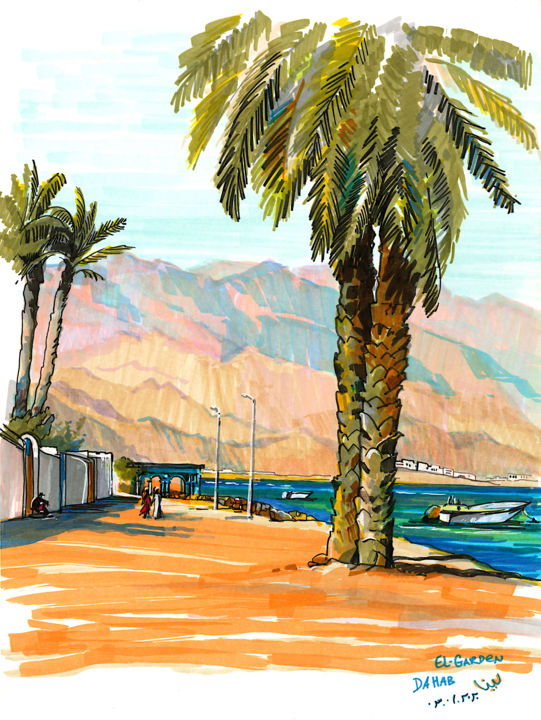Painting titled "Palms on seacoast" by Lena Tolunay, Original Artwork, Marker