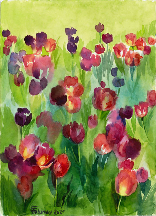 Painting titled "Tulips 1" by Lena Tolunay, Original Artwork, Watercolor