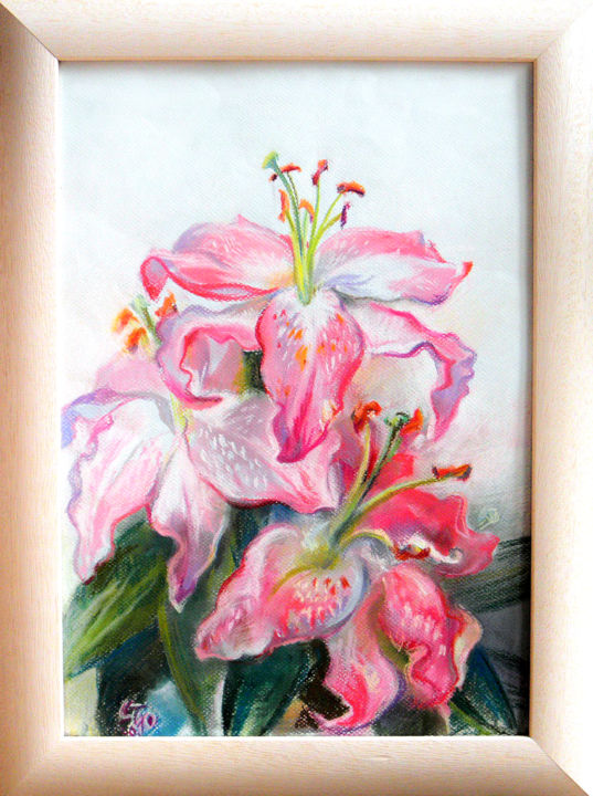Drawing titled "Lilies" by Lena Tolunay, Original Artwork, Pastel Mounted on Cardboard