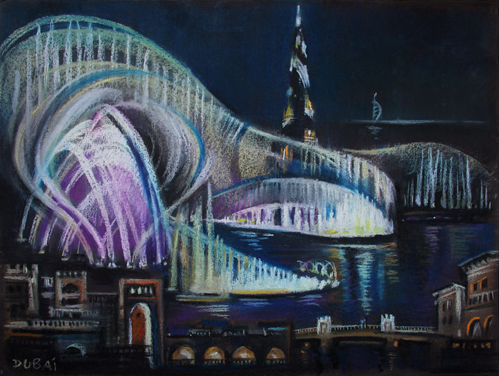 Tekening getiteld "Dubai - an Architec…" door Lena Tolunay, Origineel Kunstwerk, Pastel Gemonteerd op Karton