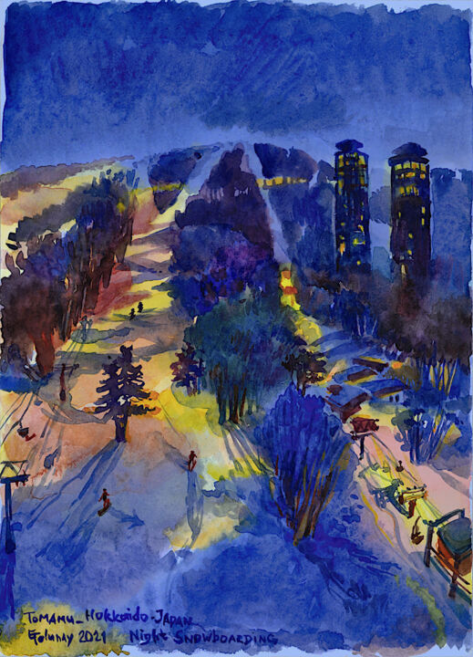 Painting titled "Night Snowboarding…" by Lena Tolunay, Original Artwork, Watercolor