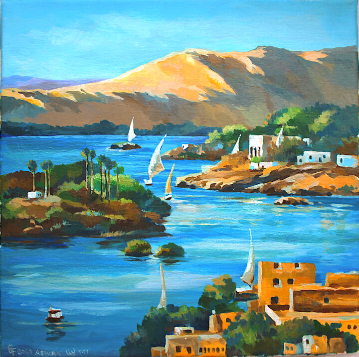 Peinture intitulée "Nile river in Aswan" par Lena Tolunay, Œuvre d'art originale, Acrylique