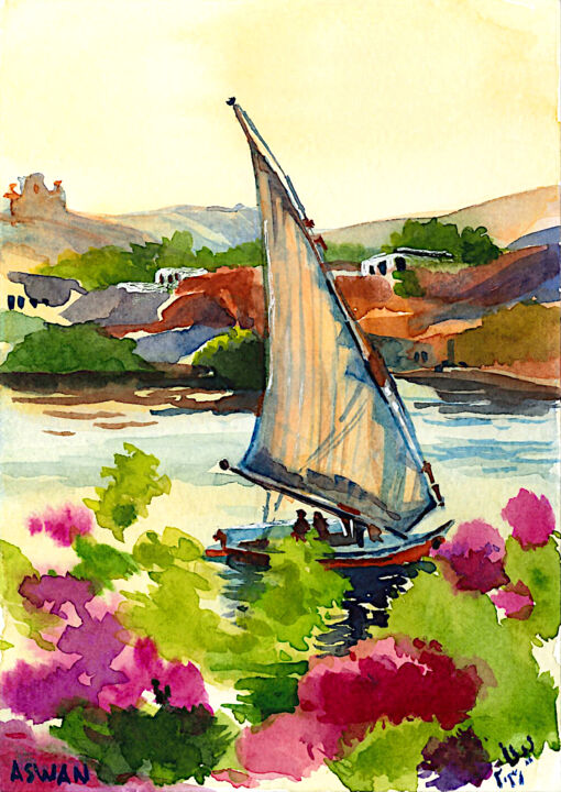 Painting titled "Felucca boat on the…" by Lena Tolunay, Original Artwork, Watercolor