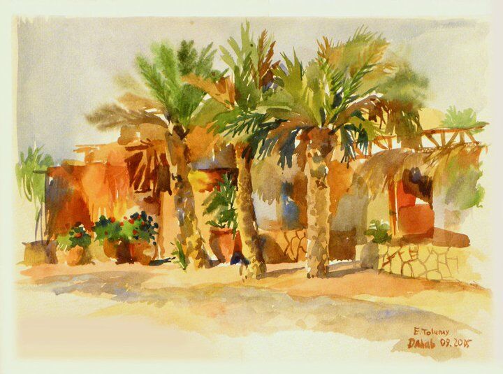 Painting titled "Palm trees. Student…" by Lena Tolunay, Original Artwork, Watercolor