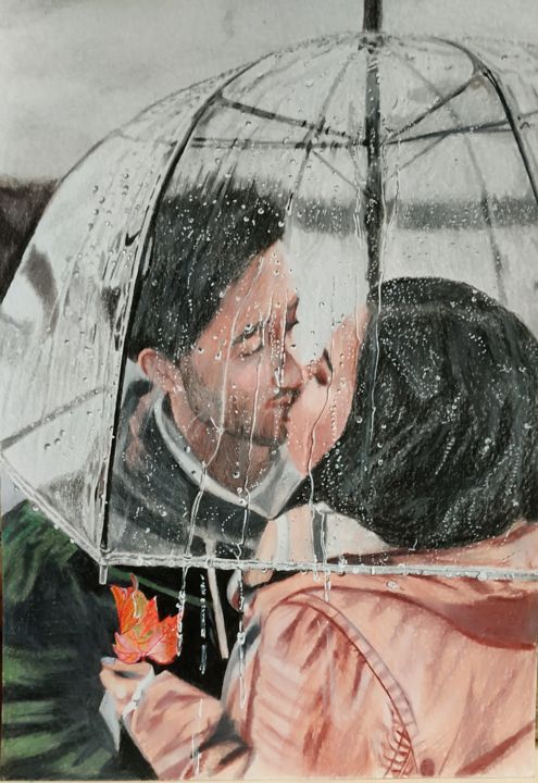 Рисунок под названием "Autumn Kiss" - Elena Borisova, Подлинное произведение искусства, Акварель