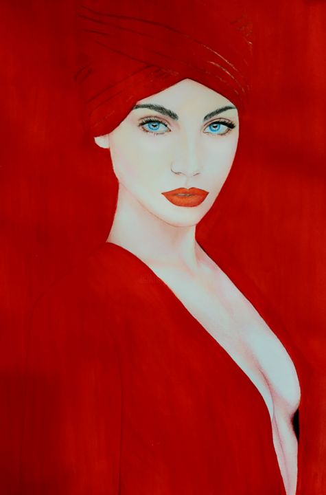 Drawing titled "Lady in red" by Elena Borisova, Original Artwork, Watercolor