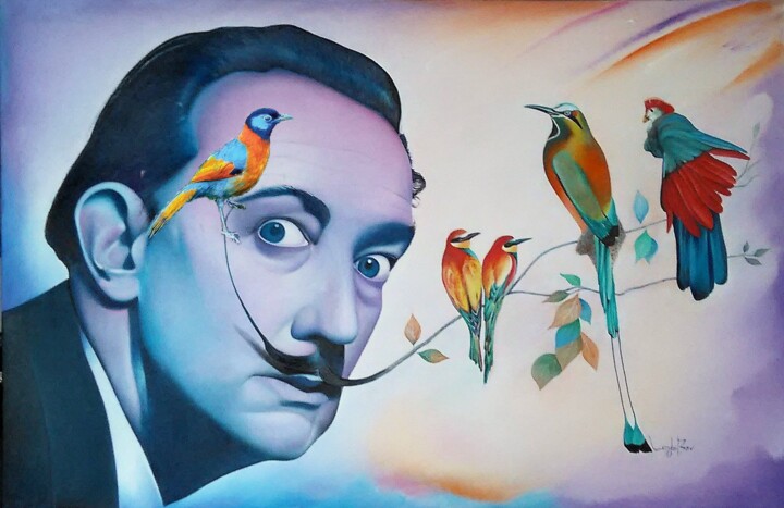 Peinture intitulée "Dali et les oiseaux…" par Lenda Bavedila, Œuvre d'art originale, Huile