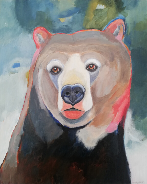 Peinture intitulée "Meeting Big Bear -…" par Lene Daugaard, Œuvre d'art originale, Acrylique Monté sur Panneau de bois