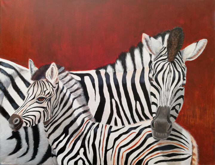 Painting titled "Zebra with foal - S…" by Lene Daugaard, Original Artwork, Acrylic