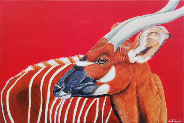 Painting titled "Bongo Antelope - Se…" by Lene Daugaard, Original Artwork, Acrylic Mounted on Wood Stretcher frame