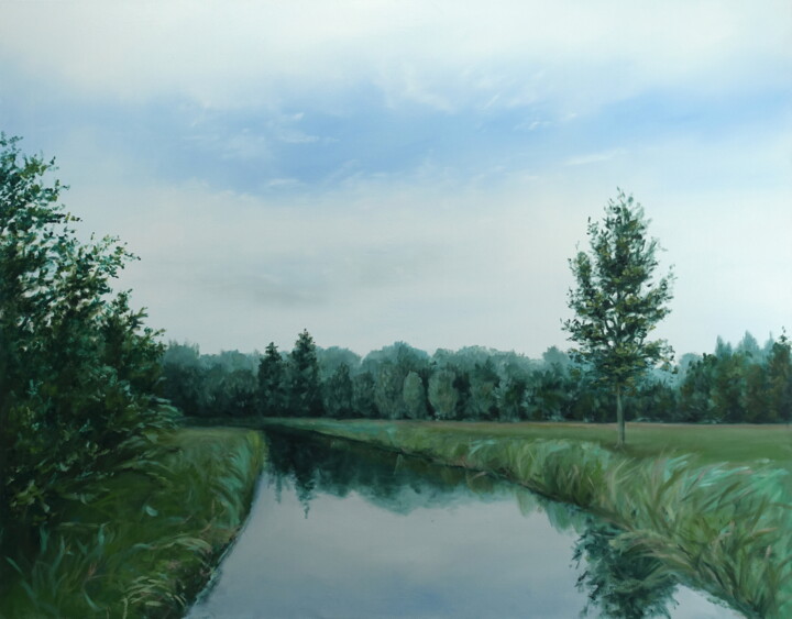Painting titled "Flusslandschaft 3" by Leni Winkelmann, Original Artwork, Oil Mounted on Wood Stretcher frame