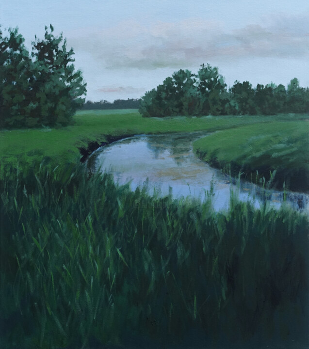 Malerei mit dem Titel "Flusslandschaft 6" von Leni Winkelmann, Original-Kunstwerk, Öl Auf Keilrahmen aus Holz montiert