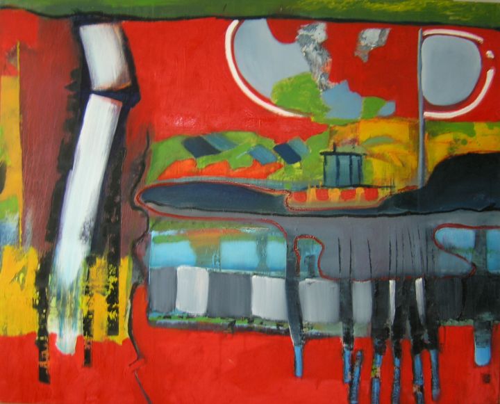 Schilderij getiteld "Red Landscape" door Lenie Van Den Bulk, Origineel Kunstwerk, Olie