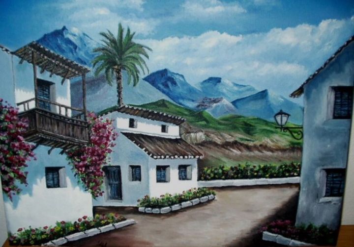 Картина под названием "Village on Gran Can…" - Lenka Hlinecka, Подлинное произведение искусства, Масло