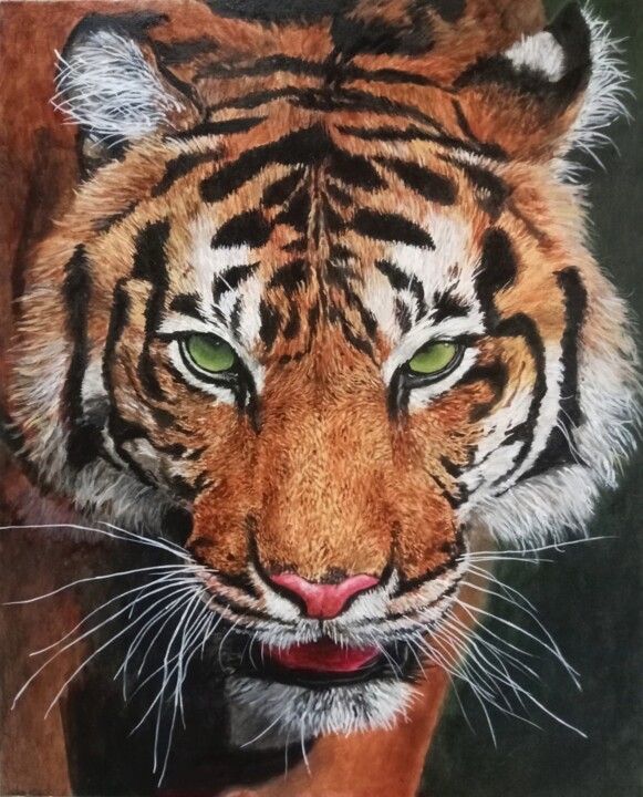 Malerei mit dem Titel "Head of Bengal Tiger" von Leo Budhi, Original-Kunstwerk, Acryl