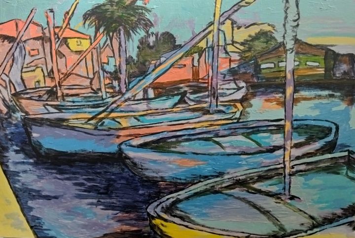 Peinture intitulée "Petit port de pêche…" par Leo Guerrero, Œuvre d'art originale, Acrylique