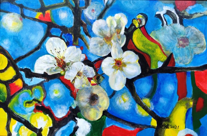 Schilderij getiteld "Colorful plum bloss…" door Leo,Keihung Yip, Origineel Kunstwerk, Acryl Gemonteerd op Frame voor houten…
