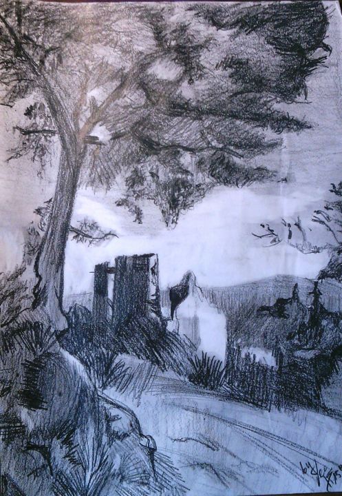 Drawing titled "Ruinas en el bosque" by Leo Montero Sanchez, Original Artwork, Graphite