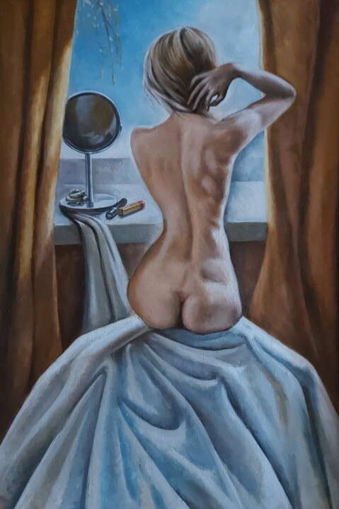 Painting titled "Молодая девушка у о…" by Leo Myastsov, Original Artwork, Oil