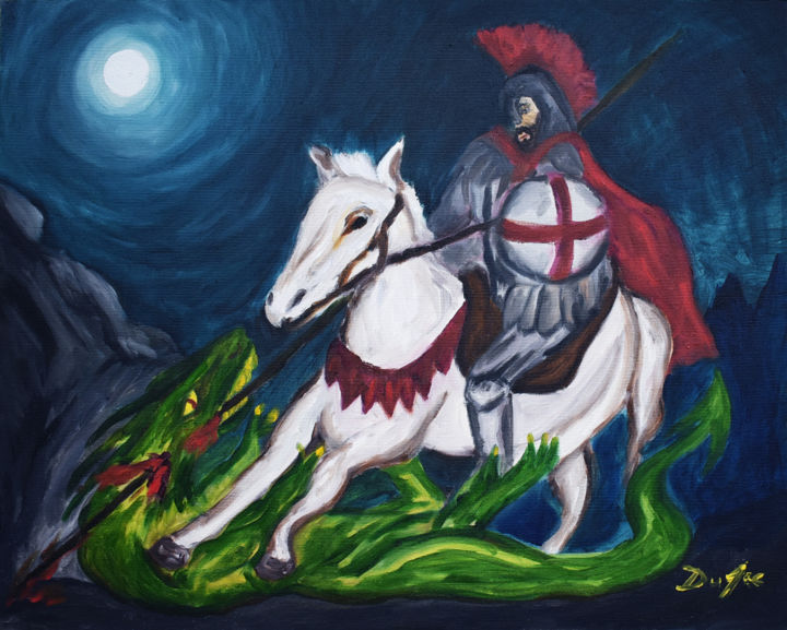 Schilderij getiteld "St. George killing…" door Leo Du Lac, Origineel Kunstwerk, Olie