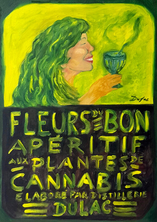 Schilderij getiteld "Fleurs du bon" door Leo Du Lac, Origineel Kunstwerk, Olie Gemonteerd op Frame voor houten brancard