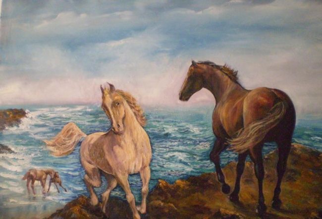 Painting titled "Caballos y el mar" by Leopoldo Lagos Marín, Original Artwork