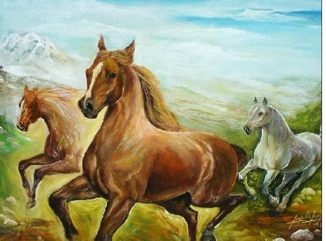 Painting titled "Galope de caballos" by Leopoldo Lagos Marín, Original Artwork