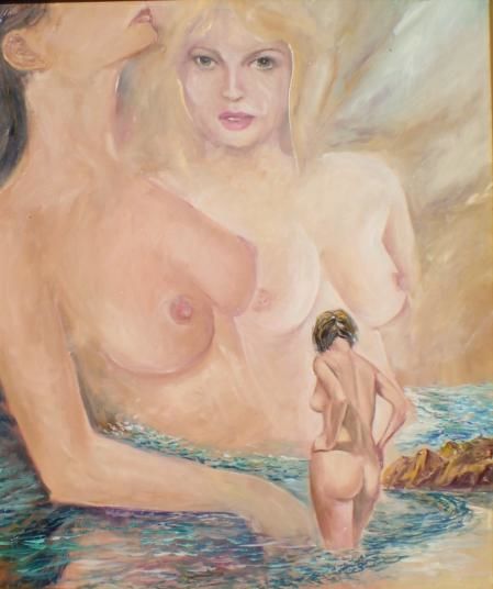 Schilderij getiteld "Desnudos en el mar" door Leopoldo Lagos Marín, Origineel Kunstwerk