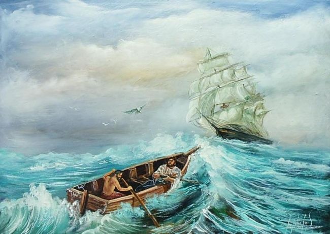 Schilderij getiteld "Barco pirata" door Leopoldo Lagos Marín, Origineel Kunstwerk
